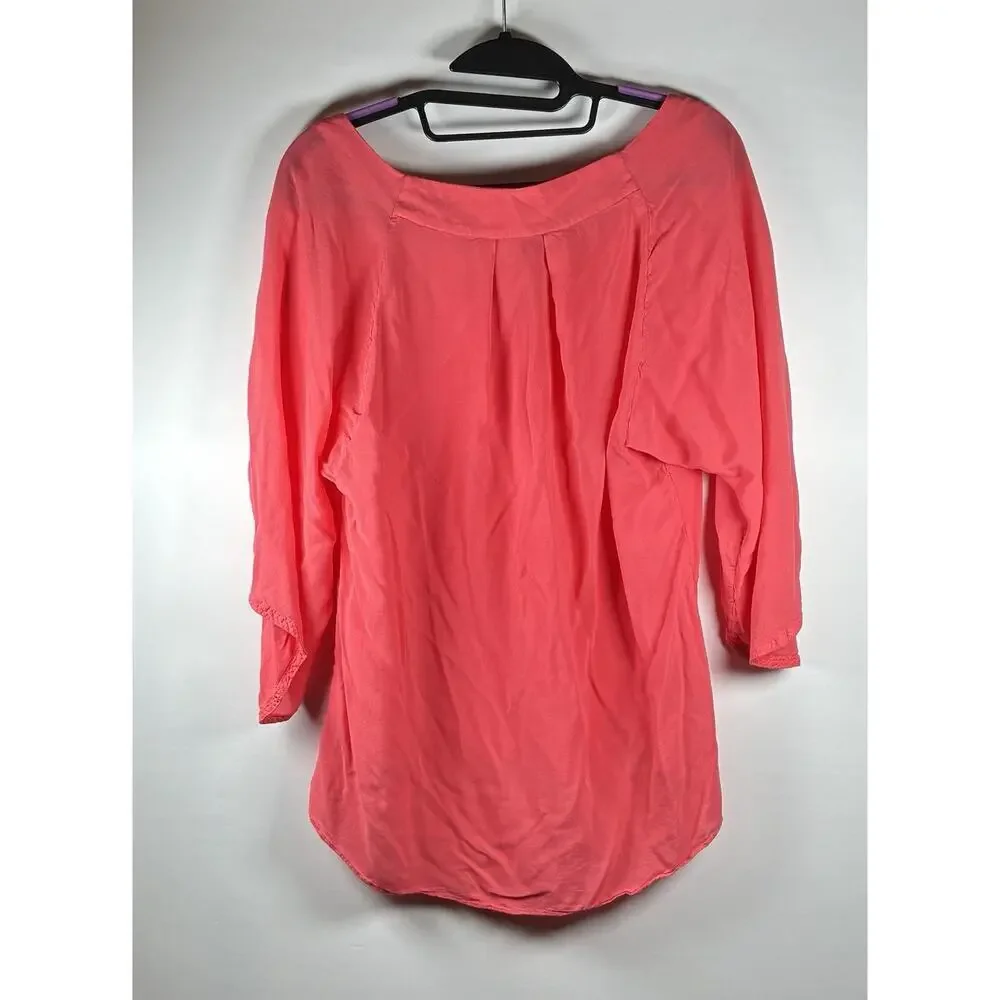 Maeve Anthropologie Coral Viscose Hi-Lo Blouse Women Medium Button Sleeve Light